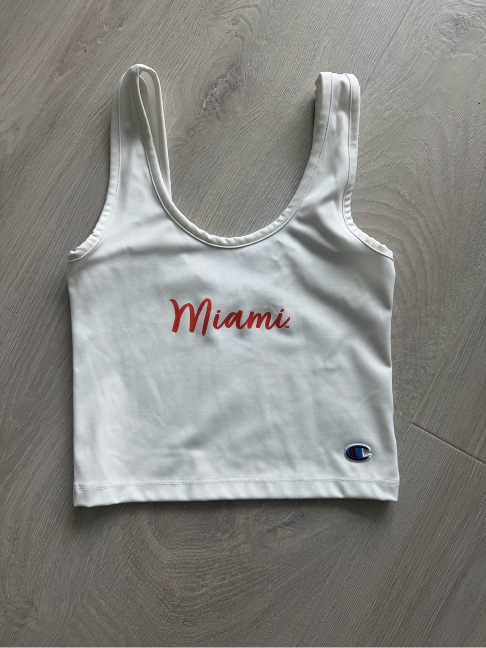 Champion White Cropped Tank Top with Red "Miami" Script